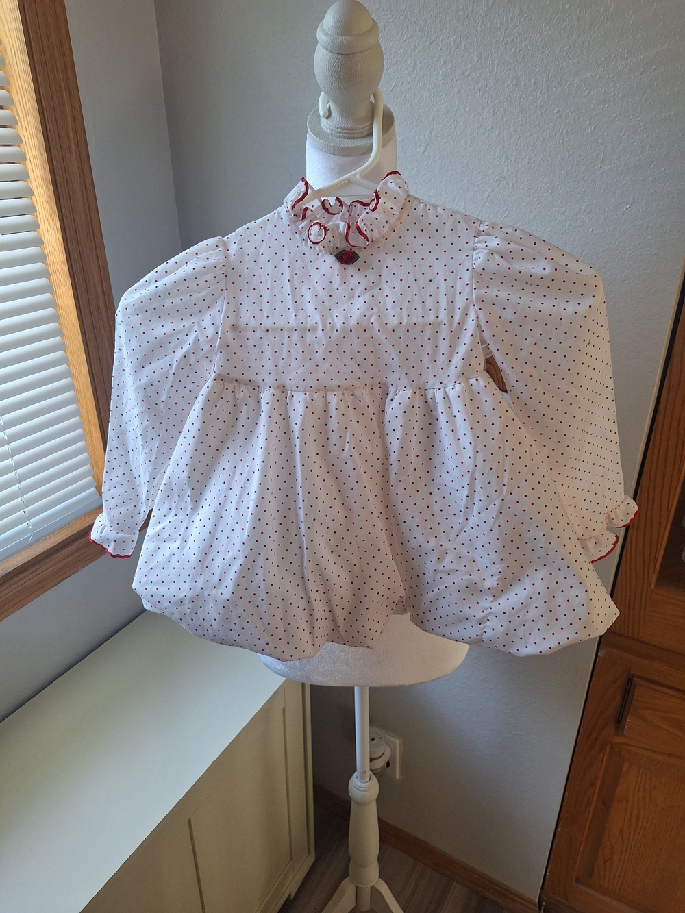 Cinderella White Blouse with Red Polka Dots and Ruffle Collar